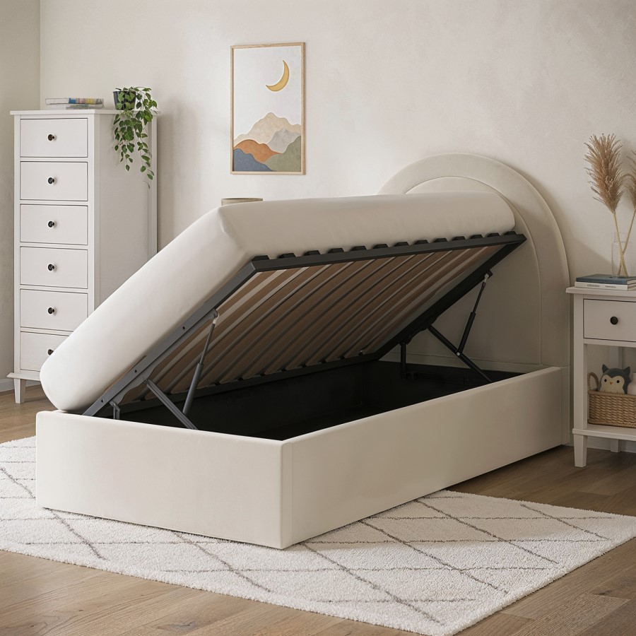 Cream Velvet Single Side-Lift Ottoman Bed with Curved Headboard - Nora
