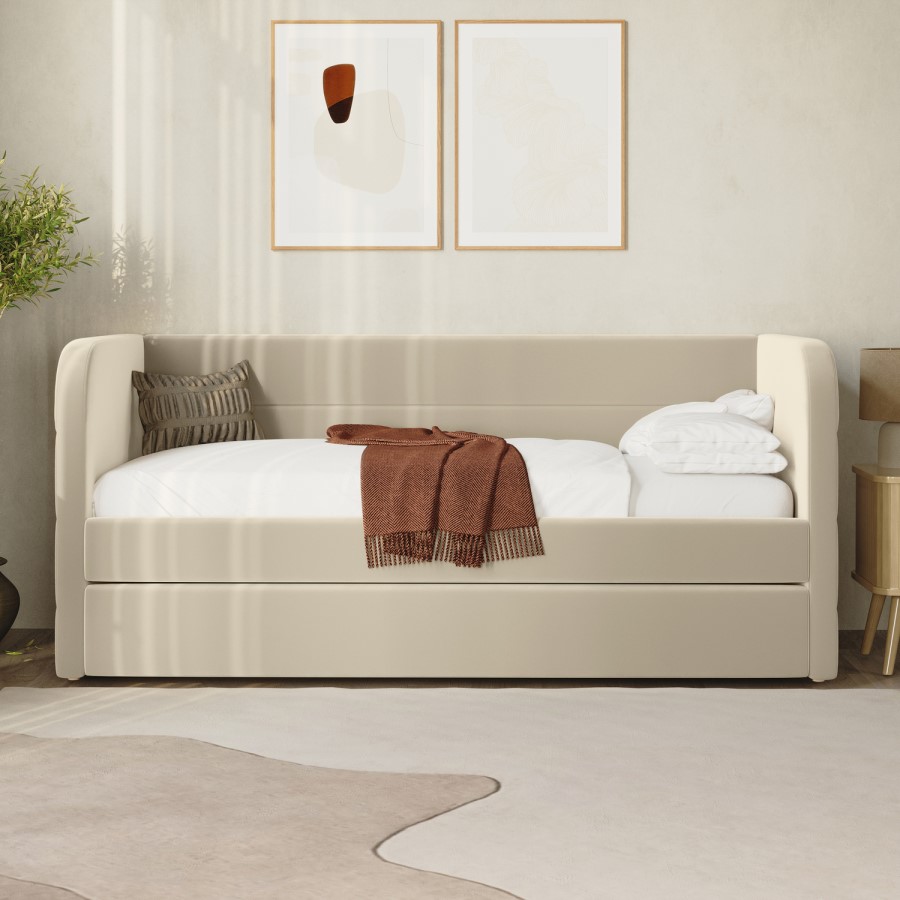 Velvet Single Day Bed with Pull Out Trundle in Beige - Newton