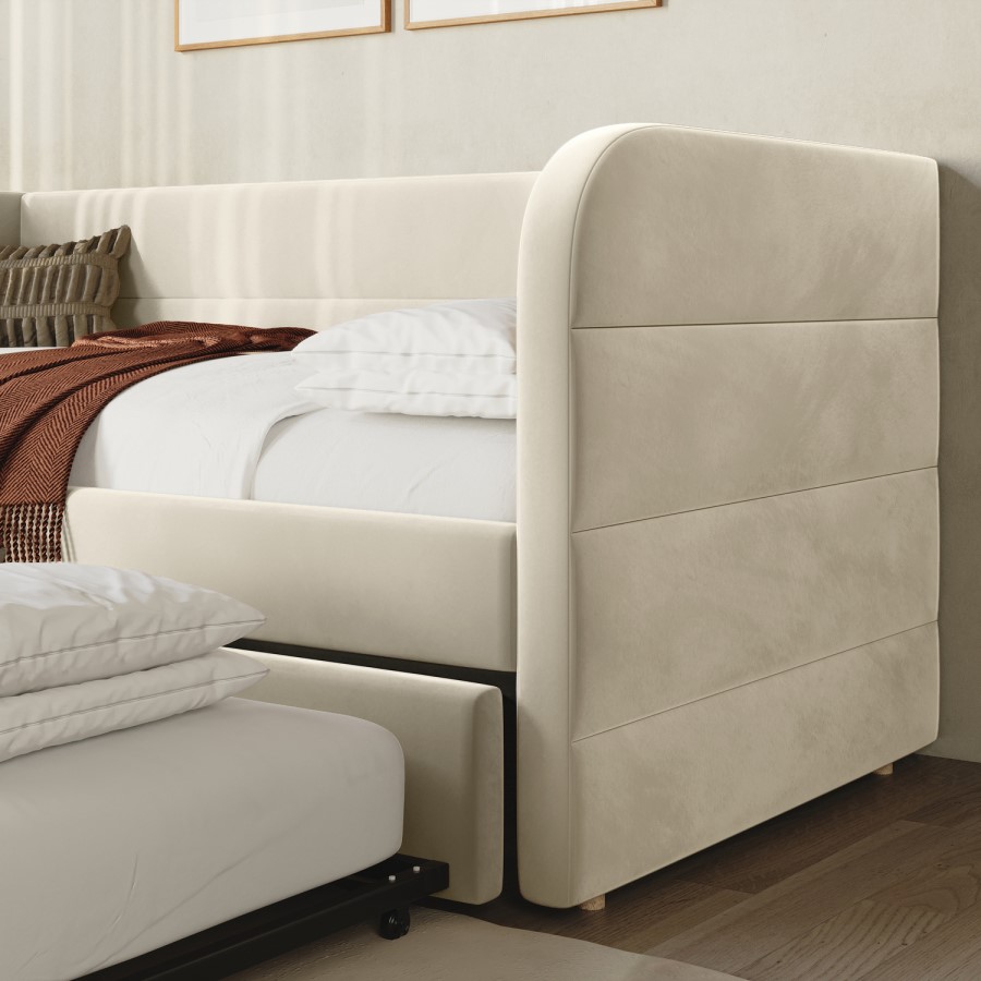 Velvet Single Day Bed with Pull Out Trundle in Beige - Newton