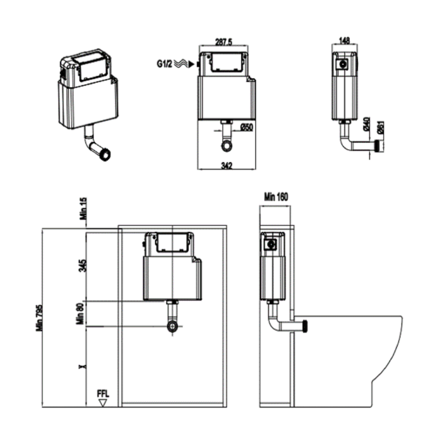1200mm White Toilet and Sink Unit with Brass Fittings - Ontario
