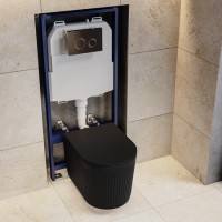 Matt Black Fluted Wall Hung Rimless Toilet with Soft Close Seat, Chrome Mechanical Flush Plate, 1168mm Frame & Cistern – Oregon