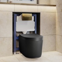 Matt Black Fluted Wall Hung Rimless Toilet with Soft Close Seat, Brushed Brass Pneumatic Flush Plate, 820mm Frame & Cistern – Oregon