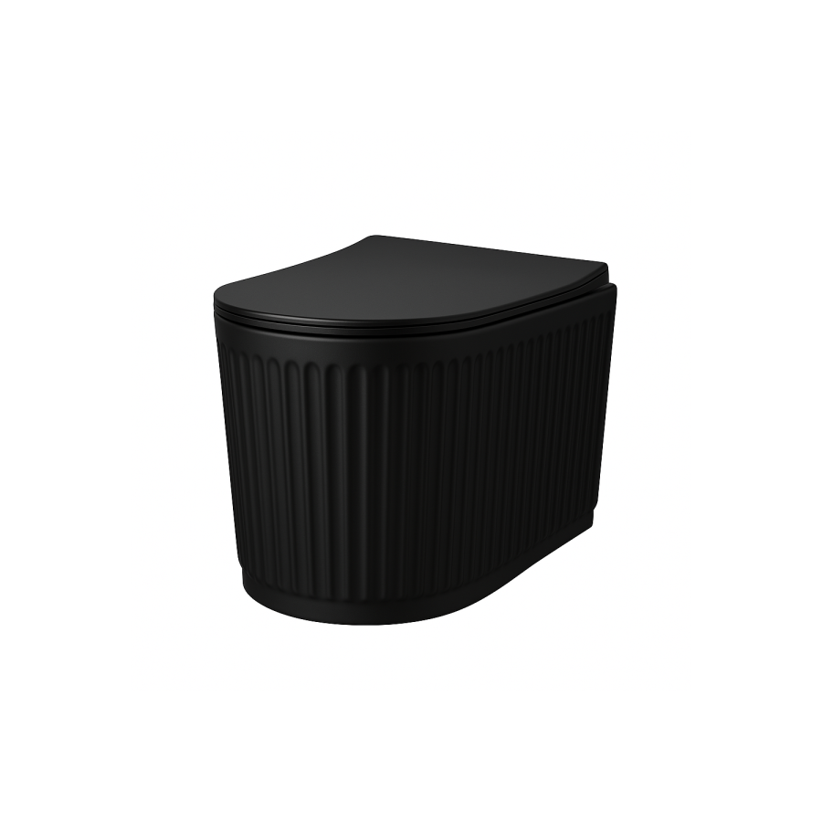 Matt Black Fluted Wall Hung Rimless Toilet with Soft Close Seat, Brushed Brass Pneumatic Flush Plate, 820mm Frame & Cistern – Oregon