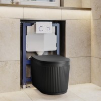 Matt Black Fluted Wall Hung Rimless Toilet with Soft Close Seat, White Glass Sensor Flush Plate, 820mm Frame & Cistern – Oregon