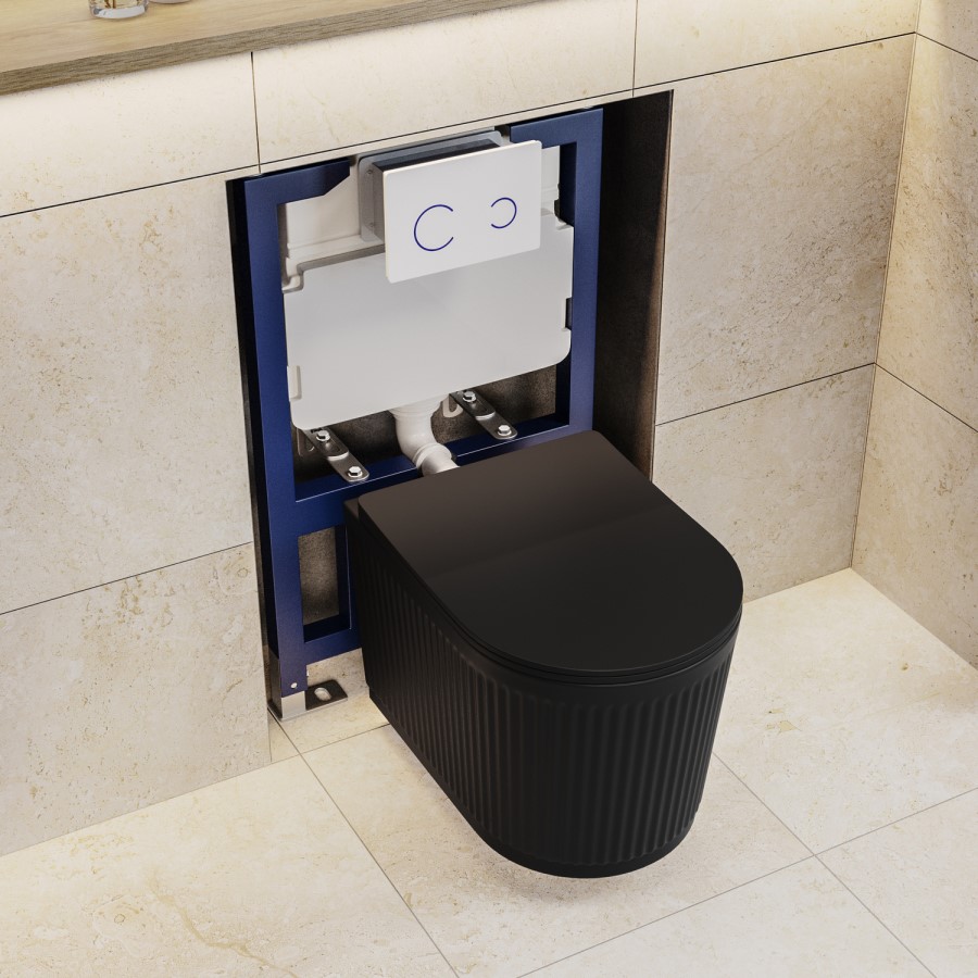 Matt Black Fluted Wall Hung Rimless Toilet with Soft Close Seat, White Glass Sensor Flush Plate, 820mm Frame & Cistern – Oregon