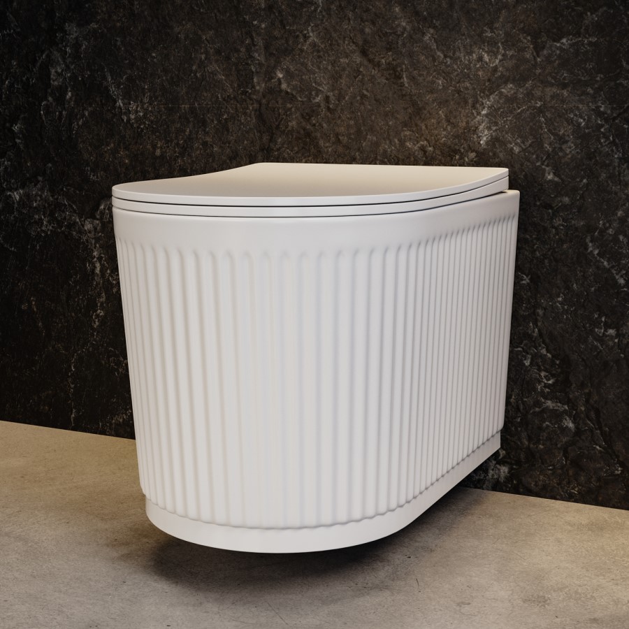 Fluted Wall Hung Rimless Toilet with Soft Close Seat, White Glass Sensor Flush Plate, 820mm Frame & Cistern – Oregon