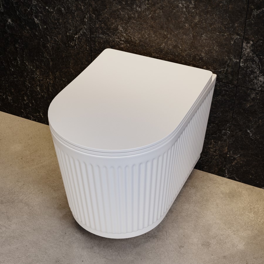Fluted Wall Hung Rimless Toilet with Soft Close Seat, White Glass Sensor Flush Plate, 820mm Frame & Cistern – Oregon