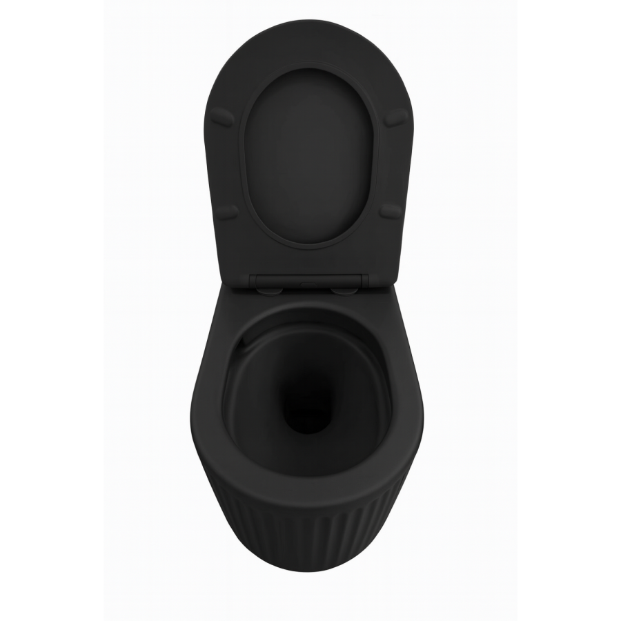 Matt Black Fluted Wall Hung Rimless Toilet with Soft Close Seat, Matt Black Pneumatic Flush Plate, 1168mm Frame & Cistern – Oregon