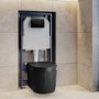 Matt Black Fluted Wall Hung Rimless Toilet with Soft Close Seat, Matt Black Pneumatic Flush Plate, 1168mm Frame & Cistern – Oregon