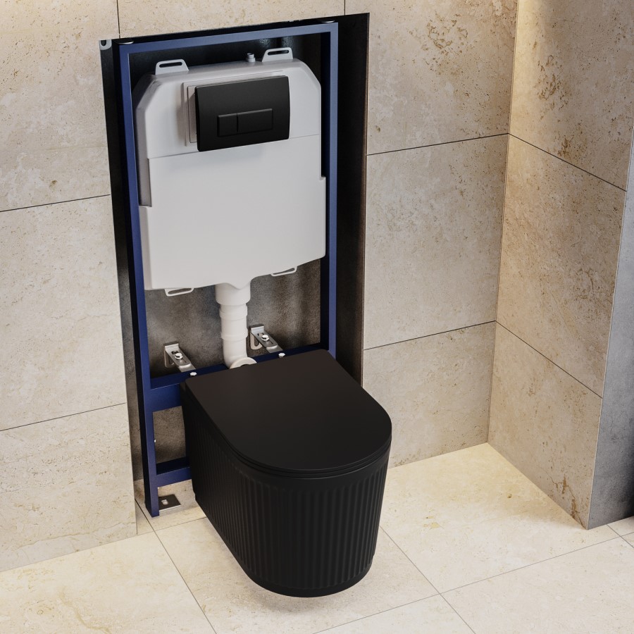 Matt Black Fluted Wall Hung Rimless Toilet with Soft Close Seat, Matt Black Pneumatic Flush Plate, 1168mm Frame & Cistern – Oregon