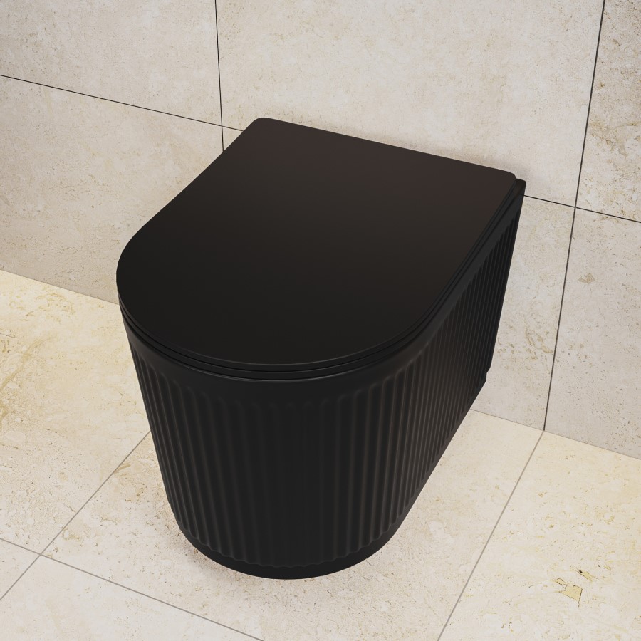 Matt Black Fluted Wall Hung Rimless Toilet with Soft Close Seat, Matt Black Pneumatic Flush Plate, 1168mm Frame & Cistern – Oregon