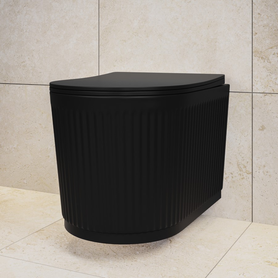 Matt Black Fluted Wall Hung Rimless Toilet with Soft Close Seat, Matt Black Pneumatic Flush Plate, 1168mm Frame & Cistern – Oregon