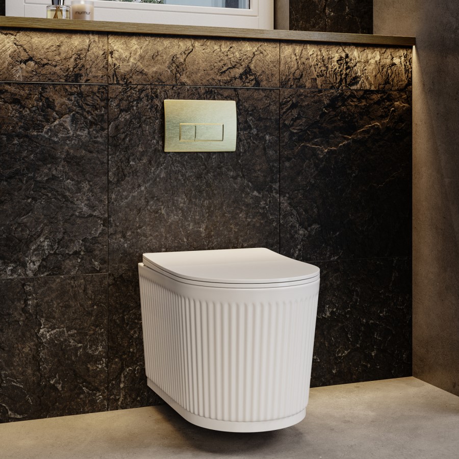 Fluted Wall Hung Rimless Toilet with Soft Close Seat, Brushed Brass Pneumatic Flush Plate, 820mm Frame & Cistern – Oregon