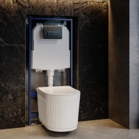 Fluted Wall Hung Toilet, 1160mm Pneumatic Frame & Cistern & Gunmetal Pneumatic Flush Plate - Oregon