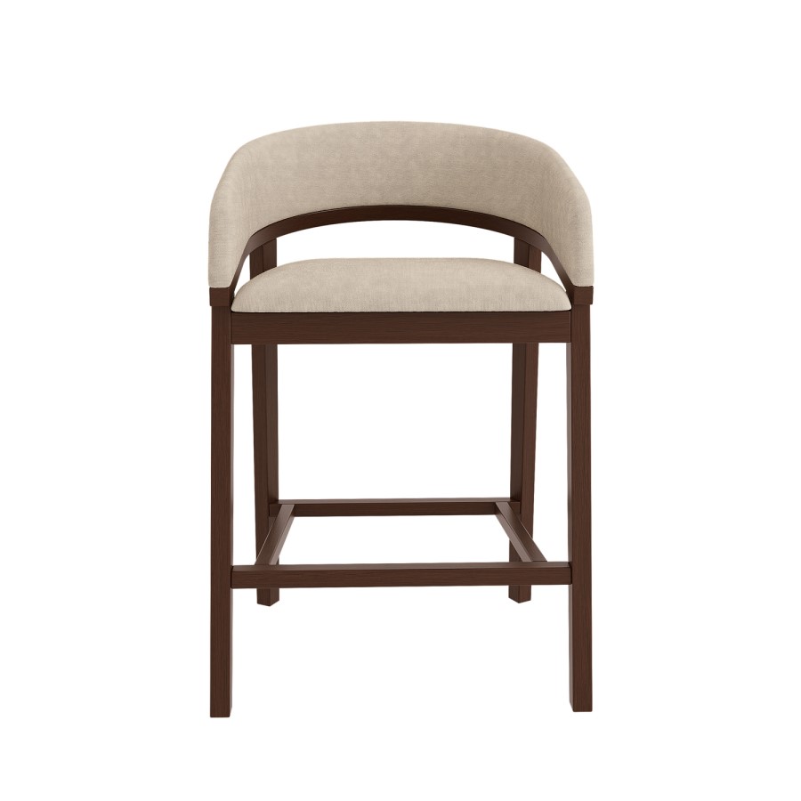 Set of 2 Walnut & Beige Upholstered Curved Kitchen Stools with Backs - Owen