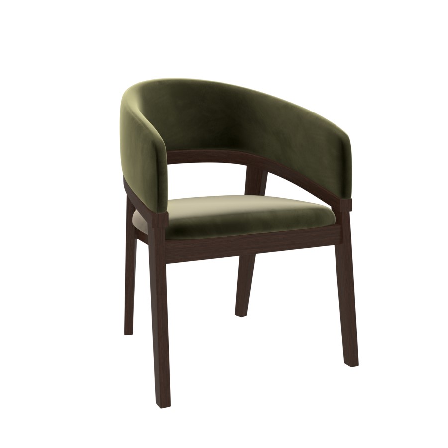 Round Walnut Dining Table Set with 4 Olive Green Velvet Chairs - Seats 4 - Leona