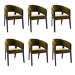 Set of 6 Walnut & Olive Green Velvet Curved Dining Chairs - Owen