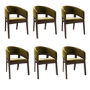 Set of 6 Walnut & Olive Green Velvet Curved Dining Chairs - Owen