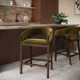 Set of 2 Walnut & Olive Green Velvet Curved Kitchen Stools with Backs - Owen