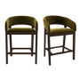 Set of 2 Walnut & Olive Green Velvet Curved Kitchen Stools with Backs - Owen