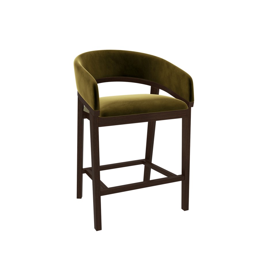 Set of 2 Walnut & Olive Green Velvet Curved Kitchen Stools with Backs - Owen