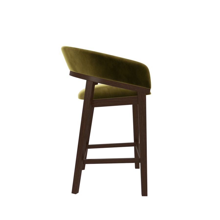 Set of 2 Walnut & Olive Green Velvet Curved Kitchen Stools with Backs - Owen