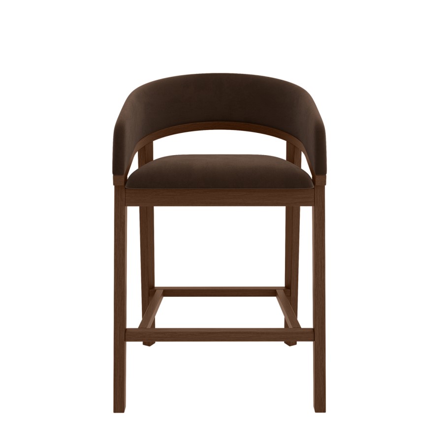 Set of 3 Walnut & Chocolate Brown Velvet Curved Kitchen Stools with Back - Owen