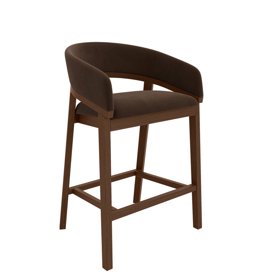 Set of 3 Walnut & Chocolate Brown Velvet Curved Kitchen Stools with Back - Owen