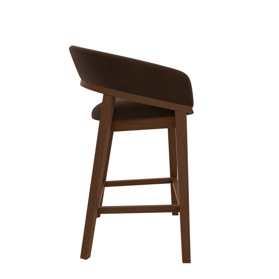 Set of 3 Walnut & Chocolate Brown Velvet Curved Kitchen Stools with Back - Owen