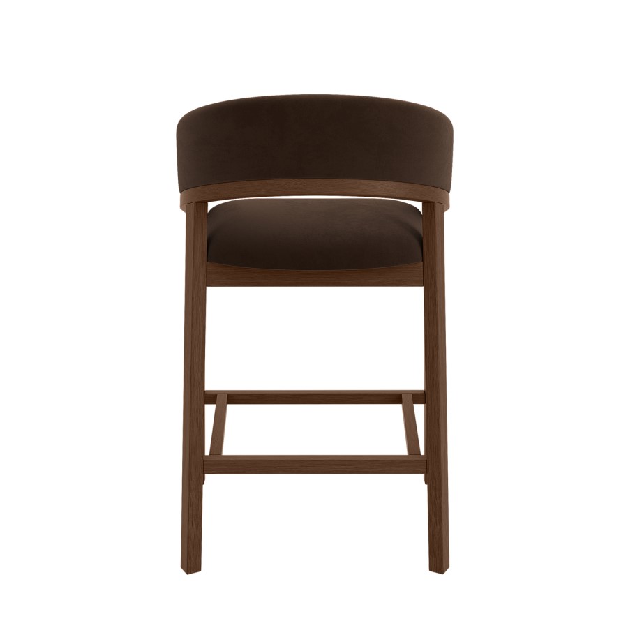 Set of 3 Walnut & Chocolate Brown Velvet Curved Kitchen Stools with Back - Owen