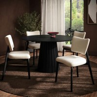Round Black Dining Table Set with 4 Beige Upholstered Curved Back Dining Chairs - Seats 4 - Owen