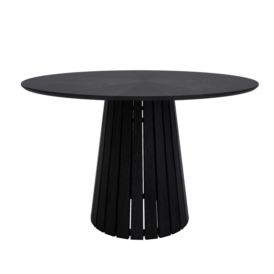 Round Black Dining Table Set with 4 Beige Upholstered Curved Back Dining Chairs - Seats 4 - Owen
