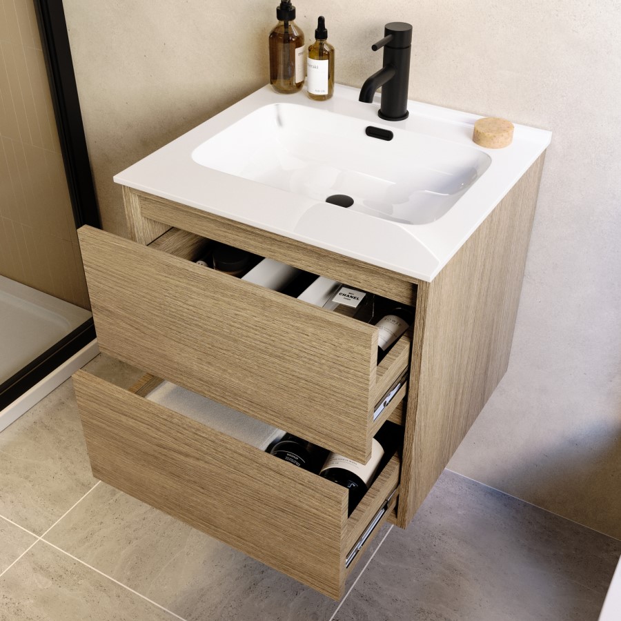 500mm Oak Wood Effect Wall Hung Vanity Unit with Basin - Palma