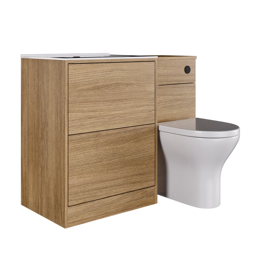 1100mm Oak Wood Effect Toilet and Sink Unit with Round Toilet and Matt Black Push Button - Palma