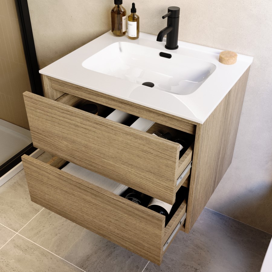 600mm Oak Wood Effect Wall Hung Vanity Unit with Basin - Palma