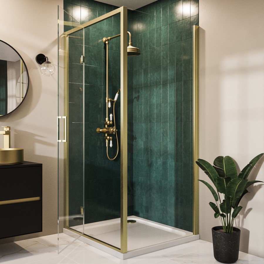 1000x800mm Brushed Brass 8mm Glass Rectangular Hinged Shower Enclosure - Pavo