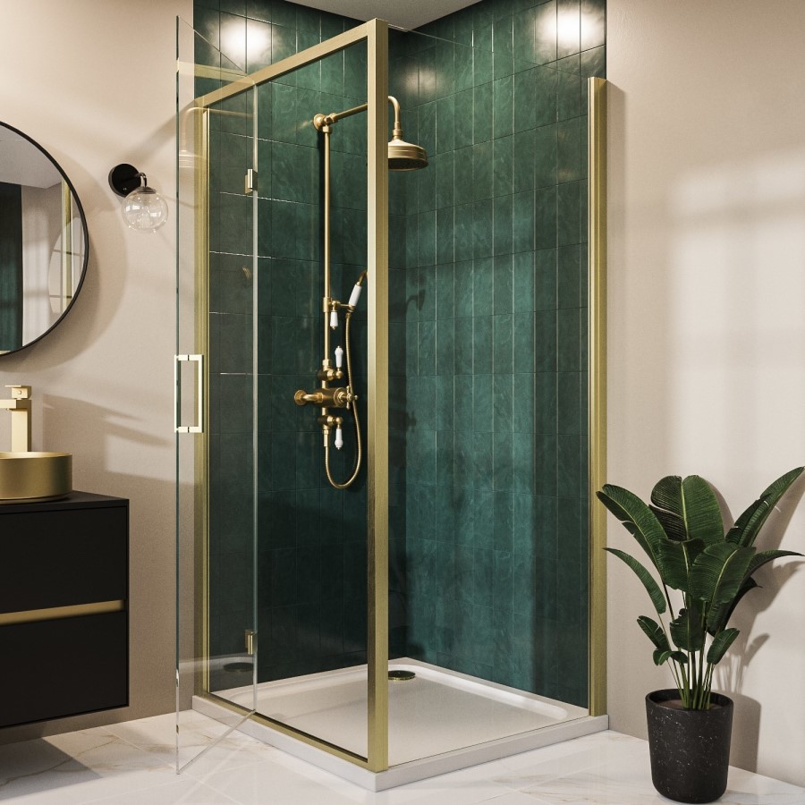 1000x900mm Brushed Brass 8mm Glass Rectangular Hinged Shower Enclosure - Pavo