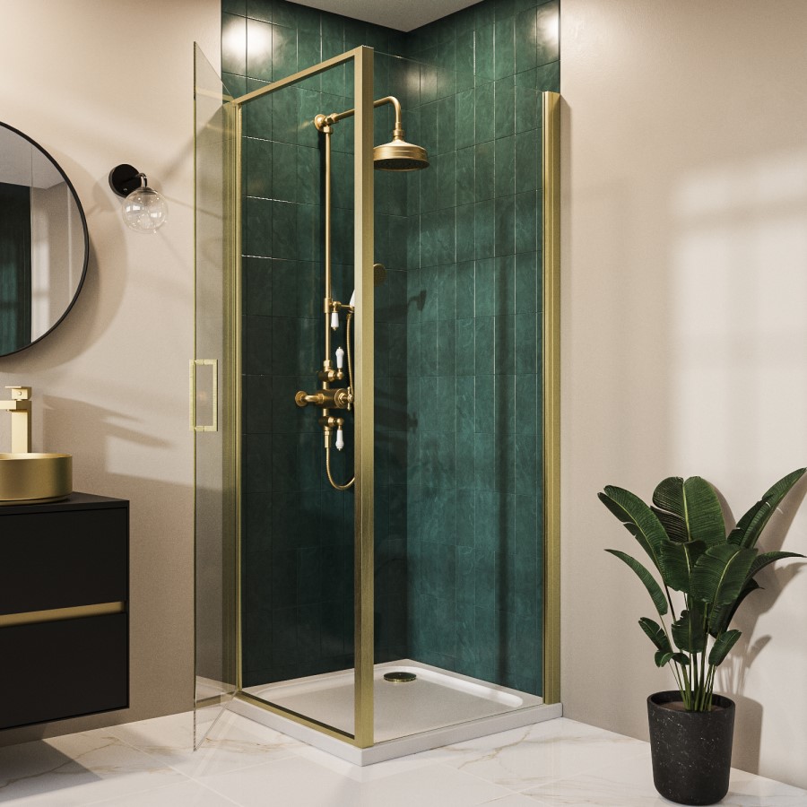800mm Brushed Brass 8mm Glass Square Hinged Shower Enclosure - Pavo