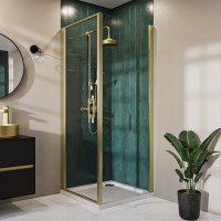 900x800mm Brushed Brass 8mm Glass Rectangular Hinged Shower Enclosure - Pavo