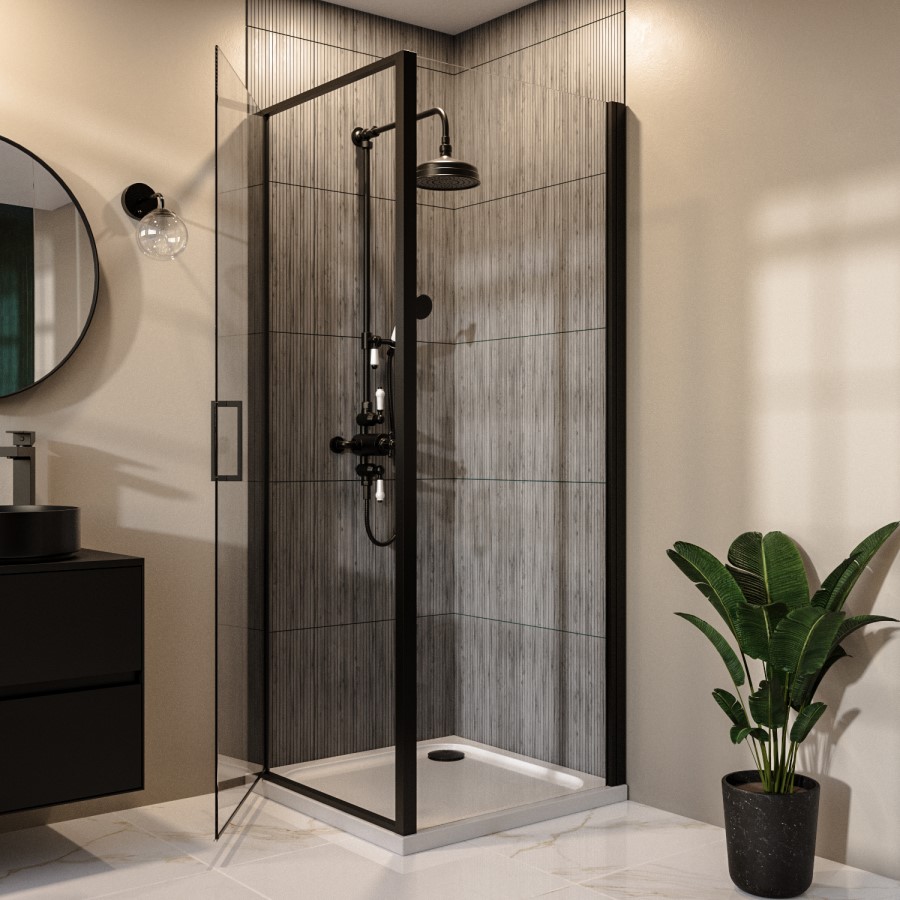 900mm Black 8mm Glass Square Hinged Shower Enclosure - Pavo