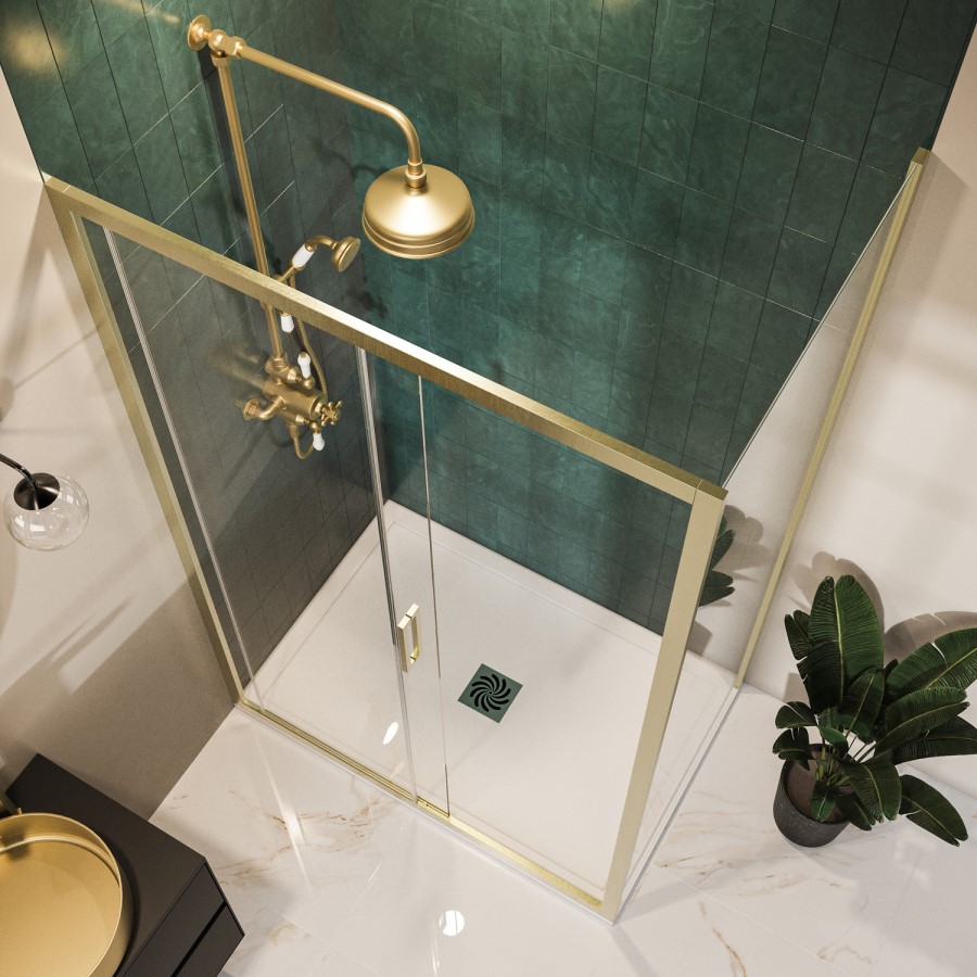 1000x800mm Brushed Brass 8mm Glass Rectangular Sliding Shower Enclosure with Low Profile Shower Tray - Pavo