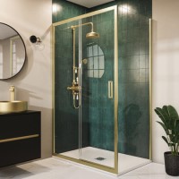 1200x900mm Brushed Brass 8mm Glass Rectangular Sliding Shower Enclosure with Low Profile Shower Tray - Pavo