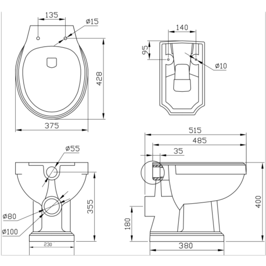 Close Coupled Traditional Low Level Short Projection Toilet with Black Wooden Soft Close Seat & Black Fittings - Park Royal