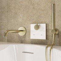 Brushed Brass 2 Outlet Wall Mounted Thermostatic Bath Mixer Shower Set With Hand Shower & Bath Filler Spout - Priya