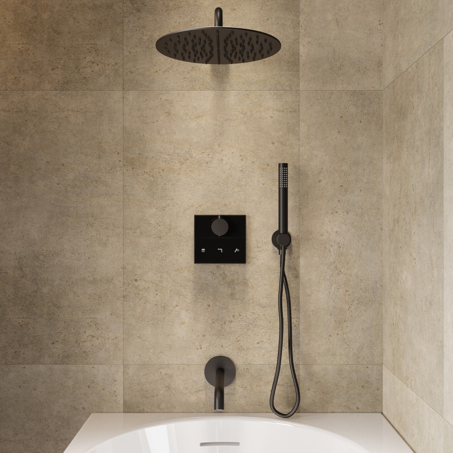 Black 3 Outlet Concealed Mixer Shower Set With Bath Filler Spout & Hand Shower - Priya