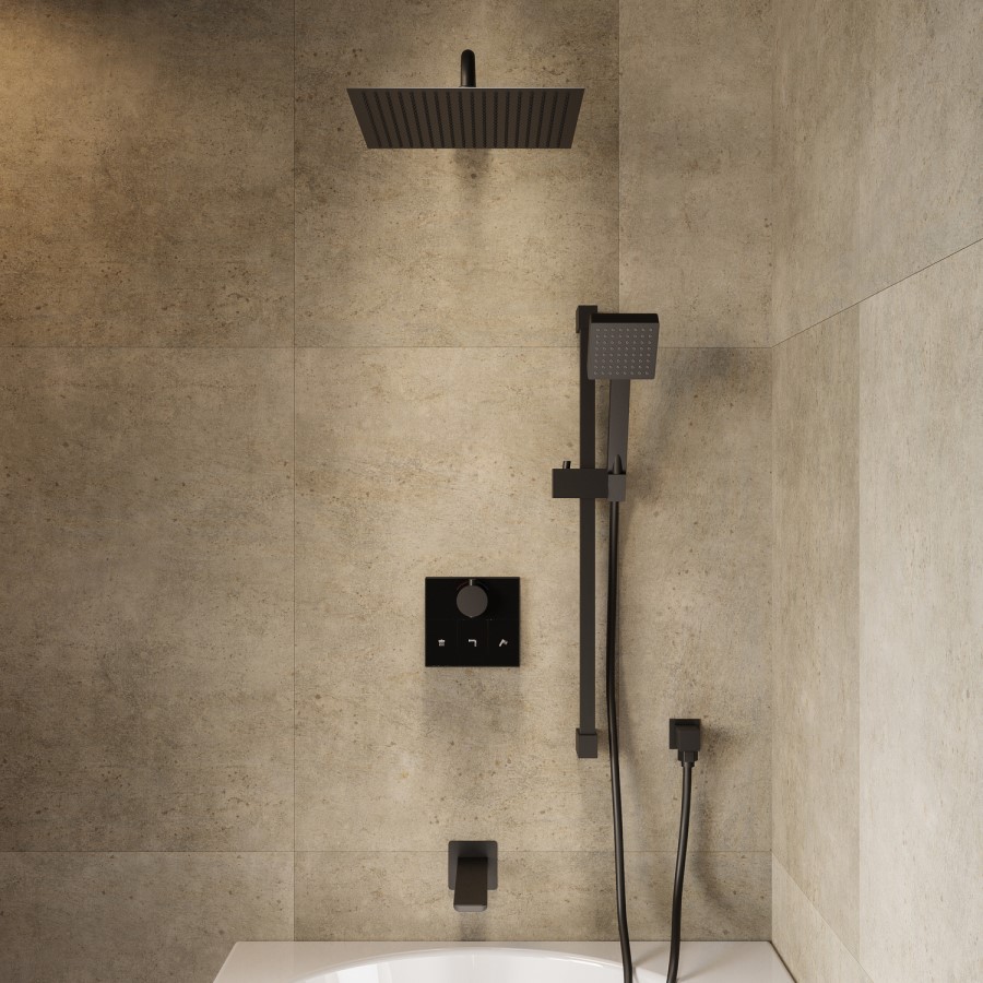 Black 3 Outlet Concealed Mixer Shower Set With Bath Filler Spout & Hand Shower with Slide Rail Kit - Priya
