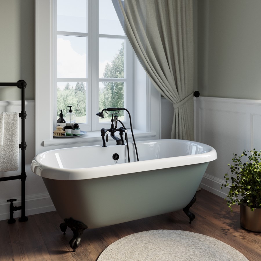 Grade A1 - Freestanding Light Green Double Ended Roll Top Bath with Black Feet 1515 x 740mm - Park Royal