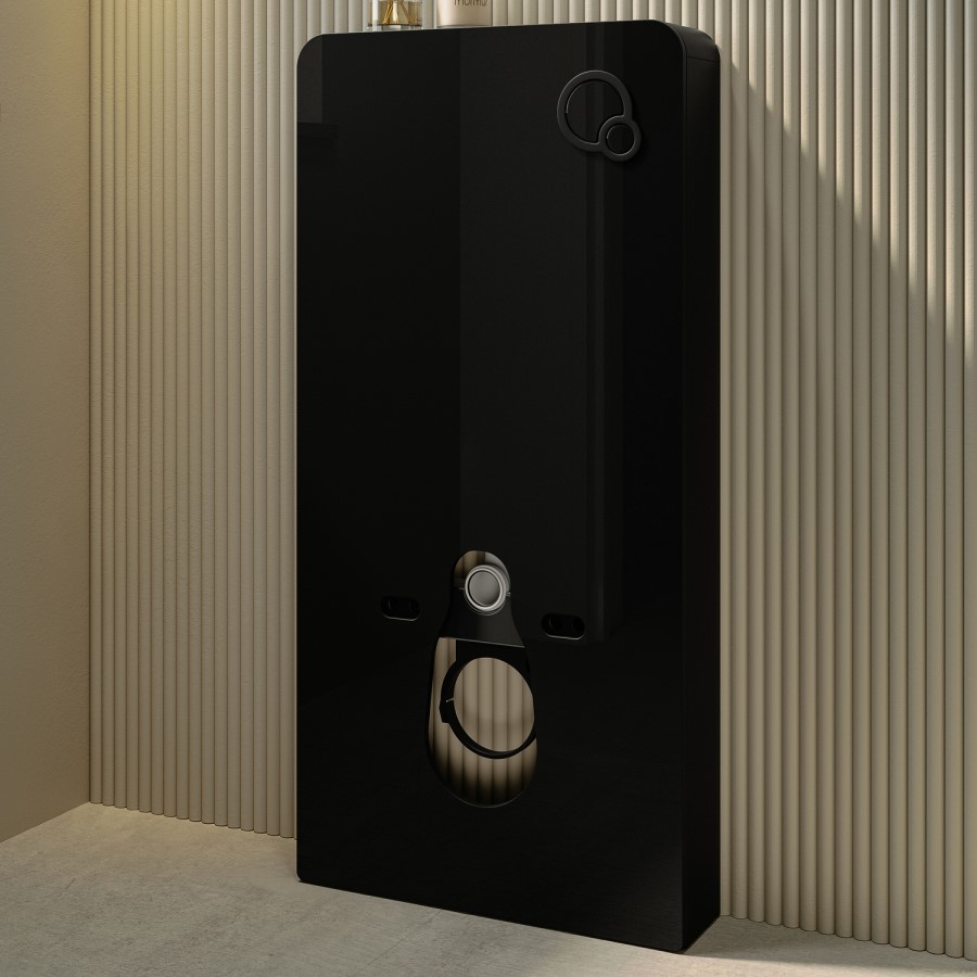 Matt Black Wall Hung Smart Bidet Japanese Toilet With Black Glass Cabinet, Frame, Cistern & Pneumatic Dual Flush Button - Purificare