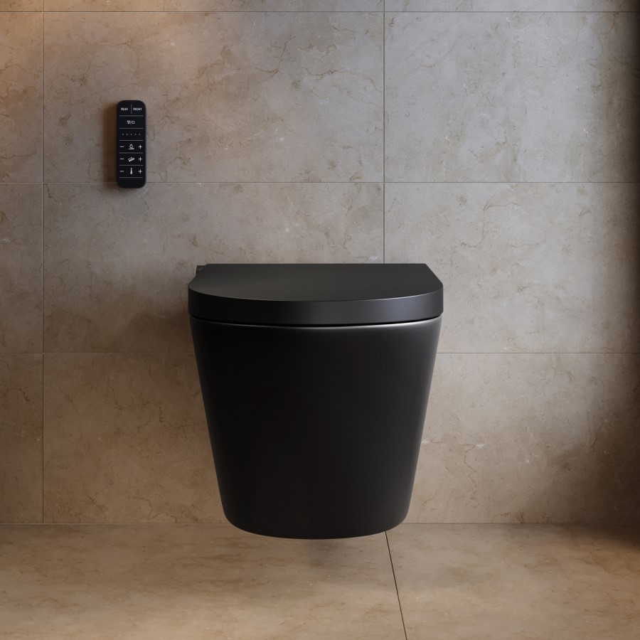 Matt Black Wall Hung Smart Bidet Japanese Toilet & Grohe Frame, Cistern and Black Flush Plate - Purificare