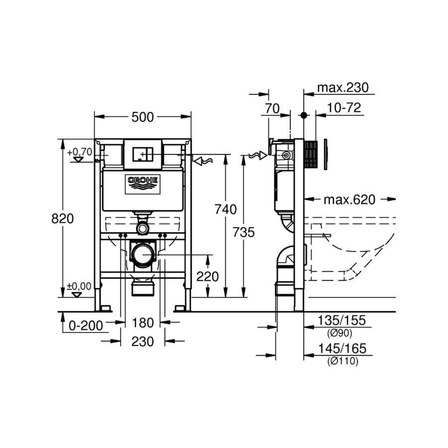 Matt Black Wall Hung Smart Bidet Japanese Toilet & Grohe Frame, Cistern and Black Flush Plate - Purificare